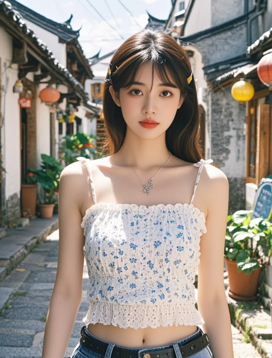 她穿过石板街的光影，留下一串欲说还休的心跳