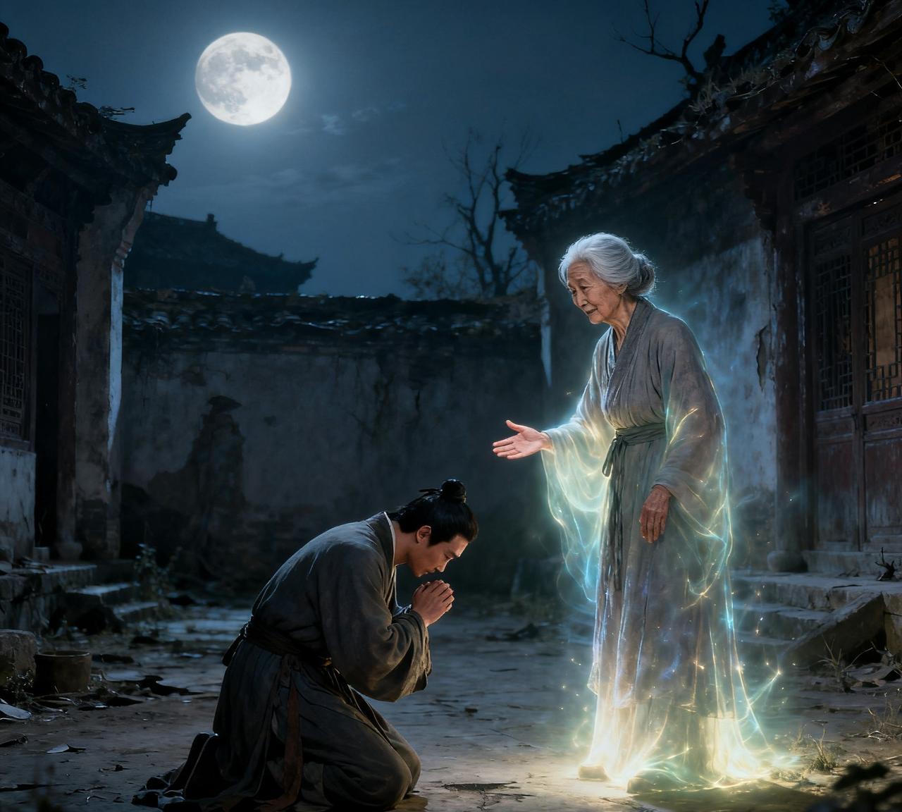 古时，有个男子低价买了一座荒宅，就在住进去的第一晚，发现宅子里住着一个老妇人，老
