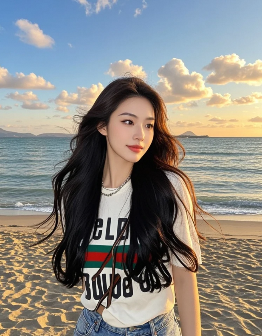 云朵为她驻足，她唇色明艳，T恤休闲中透出大牌明星不容忽视的精致感