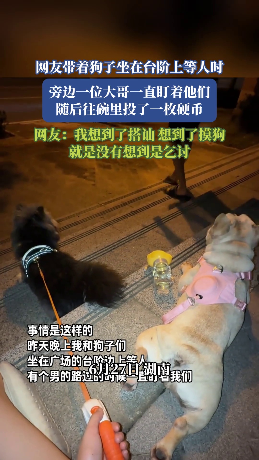 网友带着狗子坐在台阶上等人时，旁边一位大哥一直盯着他们，随后往碗里投了一枚硬币，