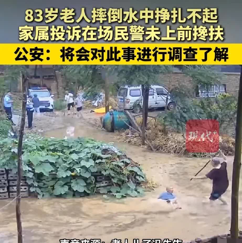 河南周口这件事真让人看不懂——83岁老人转移时在水里摔得直挣扎，旁边民警却站着没