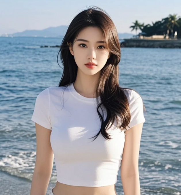 她与大海合影，连风都变得温柔