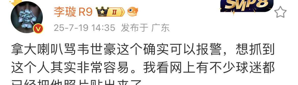 媒体人李璇表示天津津门虎那位辱骂韦世豪家人的球迷已经犯法。她建议韦世豪去报警，因