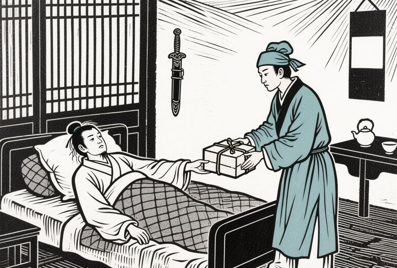 两个书生，赶考同住一间旅舍，攀谈后性格相投，遂彼此引为知己；
书生甲忽得急病，请