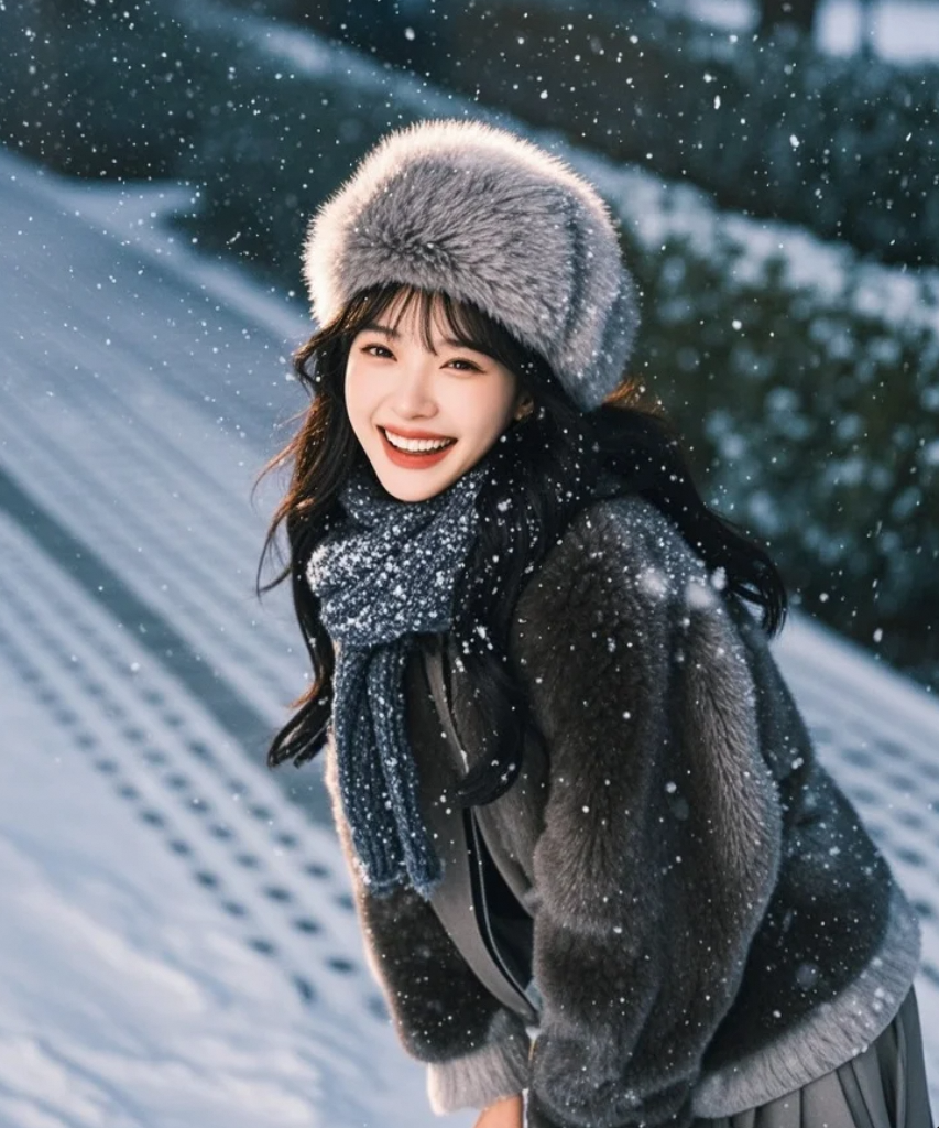 她站在雪中的一笑，连寒风都温柔了。