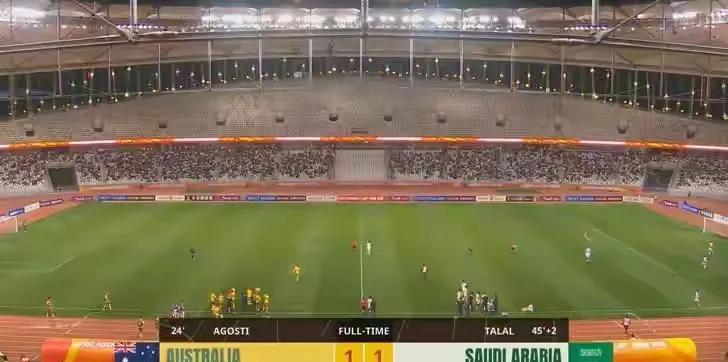 u20n亚洲杯决赛，沙特对阵澳大利亚，率先进球，沙特1-1扳平，最终保持到比赛结