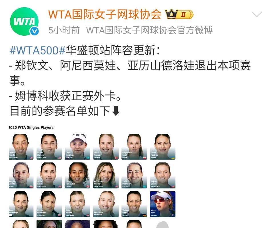 郑钦文正式退出WTA500华盛顿赛事了，想看她比赛的球迷又要推迟了，确实好长时间