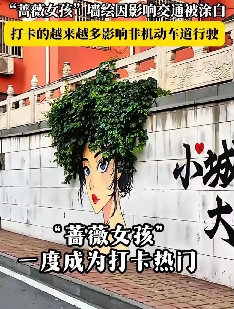 济南的蔷薇女孩墙绘没了，被涂成了刺眼白色！偌大济南，竟容不下一个漂亮的蔷薇女孩，