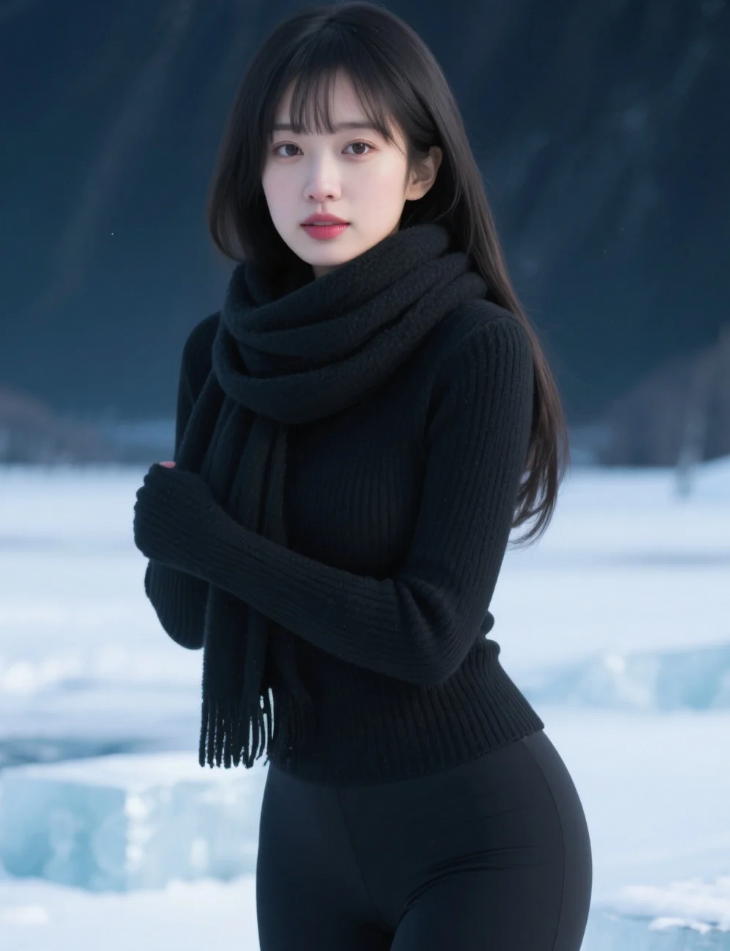 霓虹雪地反光美，她踏光影成焦点