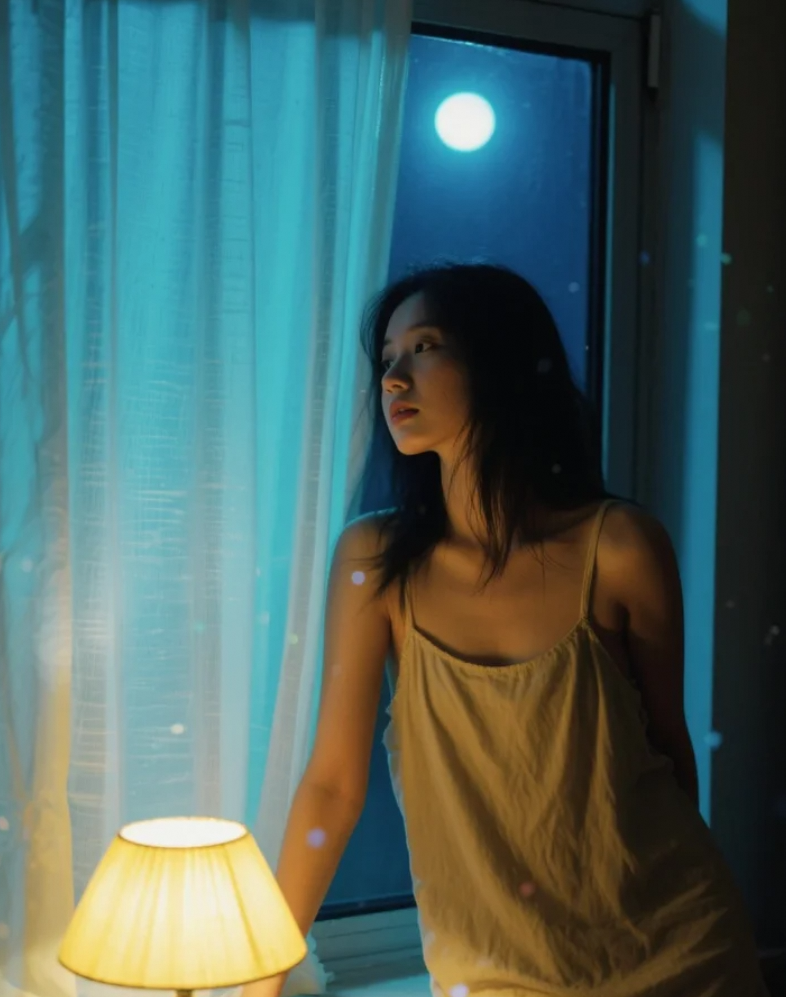 夜灯映着她的轮廓，连孤独都美得让人心动。