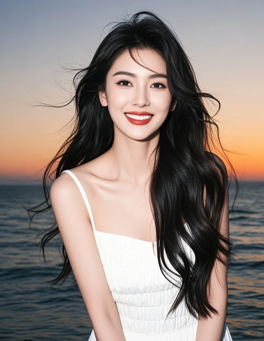 夕阳熔金，裙裾如焰，她是海岸线上最亮的星