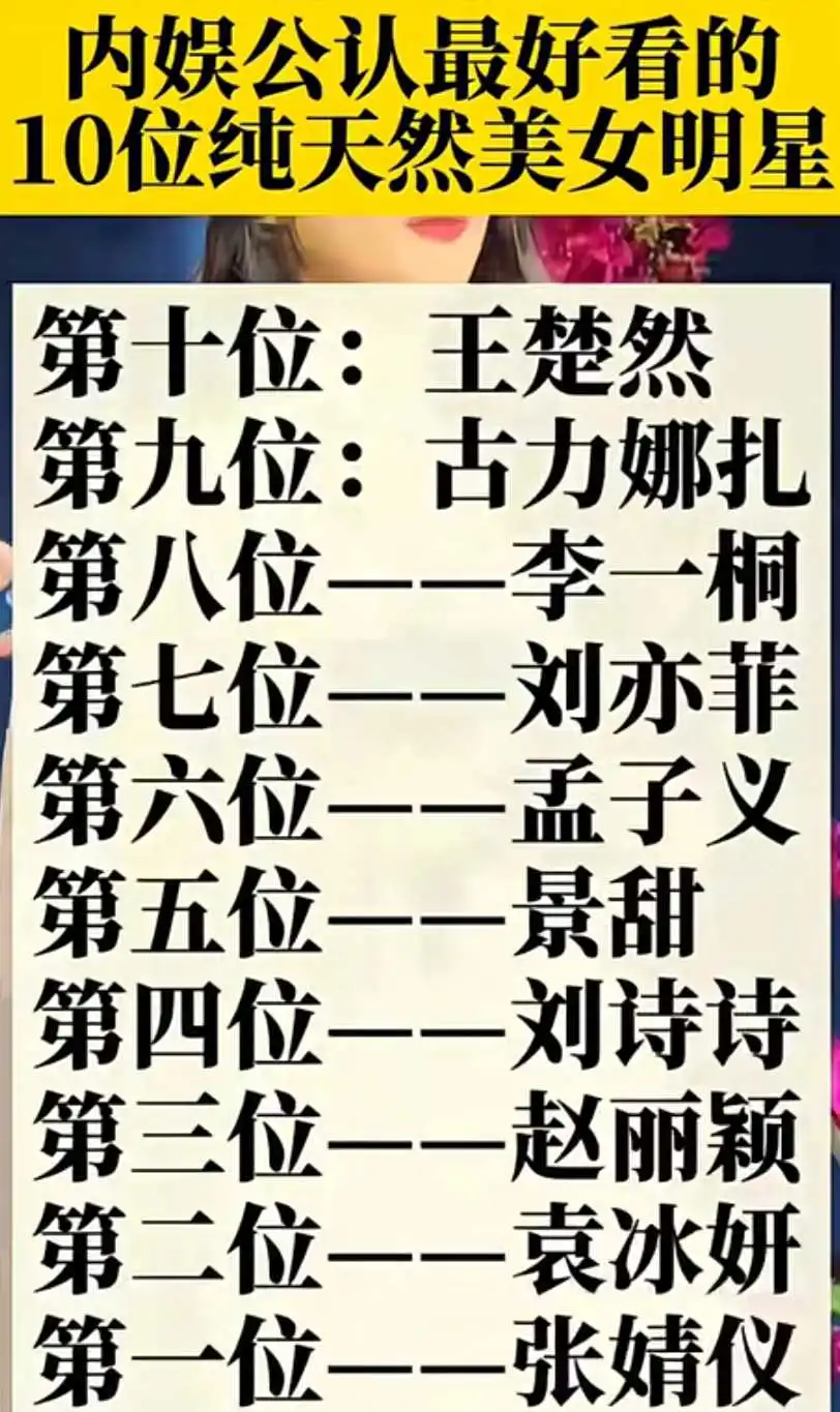 内娱公认最好看的10位纯天然美女明星。