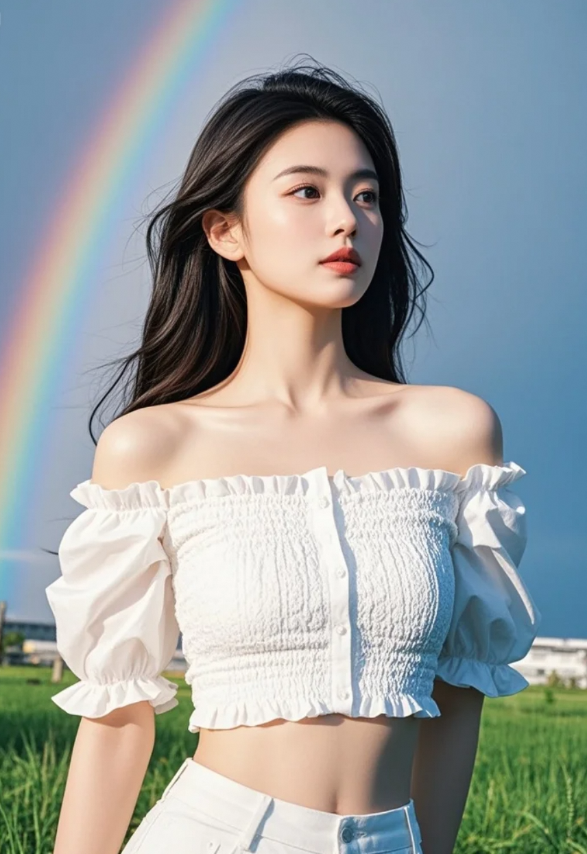 水珠在发梢跳跃，彩虹在身后铺展，她是自然的精灵。