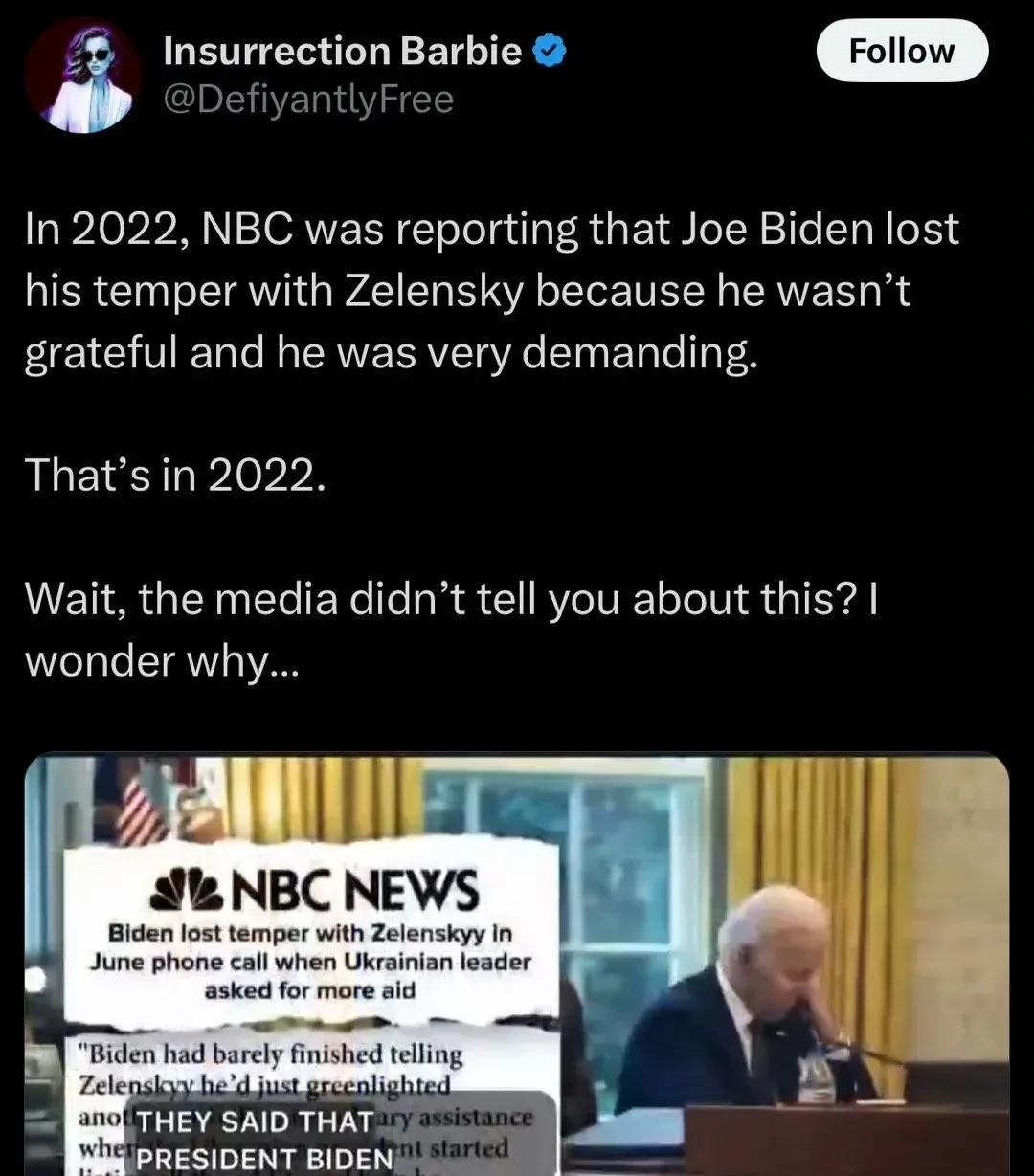 白宫争吵，起因是万斯指责泽连斯基不懂得尊重，不知道感恩。
特朗普认可
事后美国人