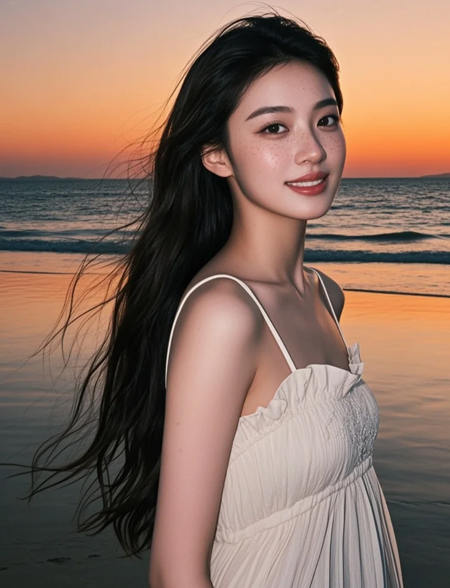 夕阳为她勾勒金边，长发女星回眸，笑容明媚动人