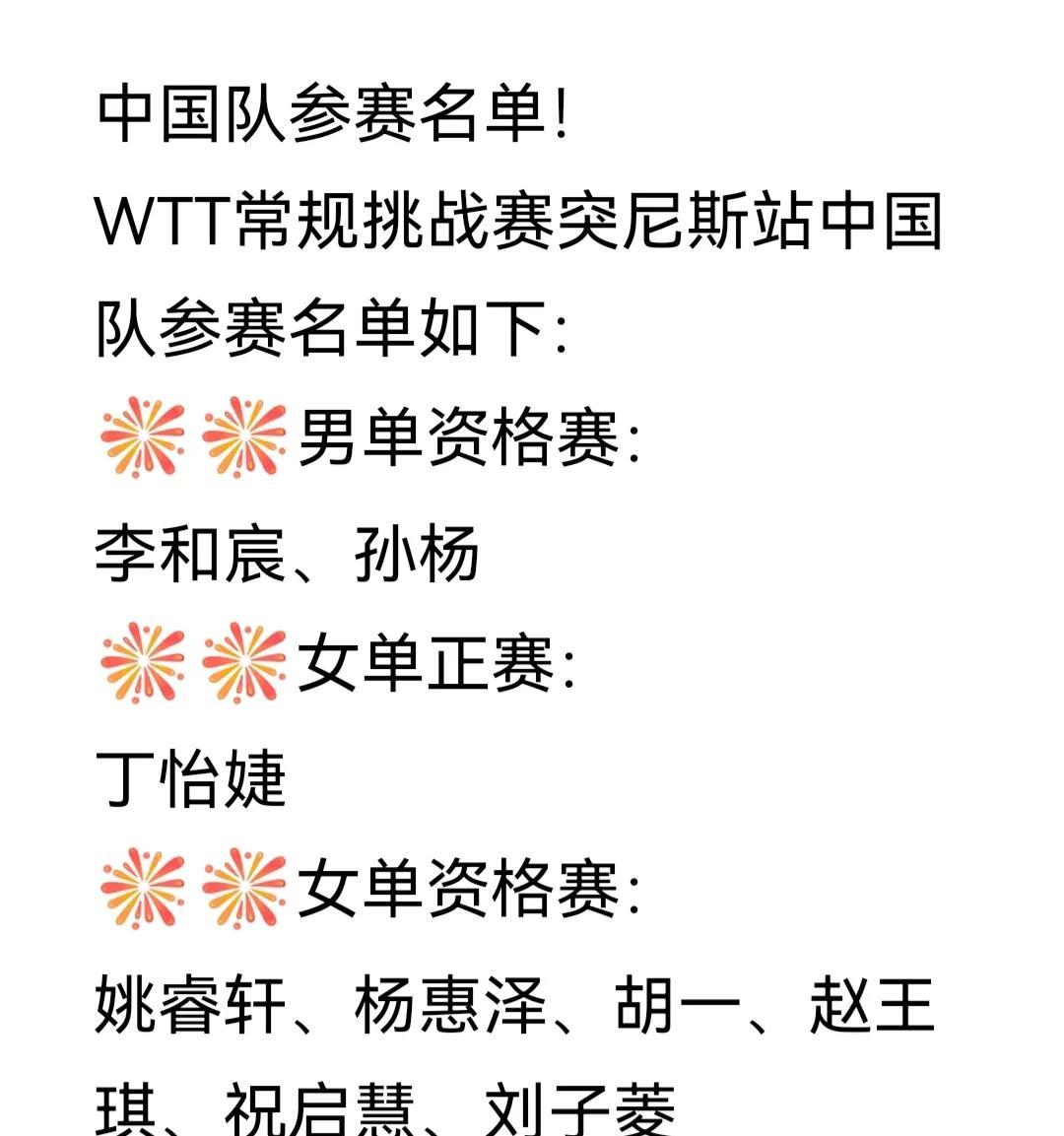 中国队参赛名单发布！
WTT常规挑战赛突尼斯站中国队参赛名单如图。
WTT常规挑