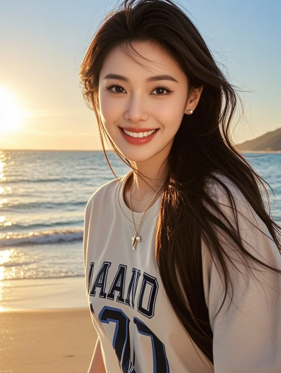 在蓝天白云与金色沙滩之间，她用长发和笑容书写自由的诗篇