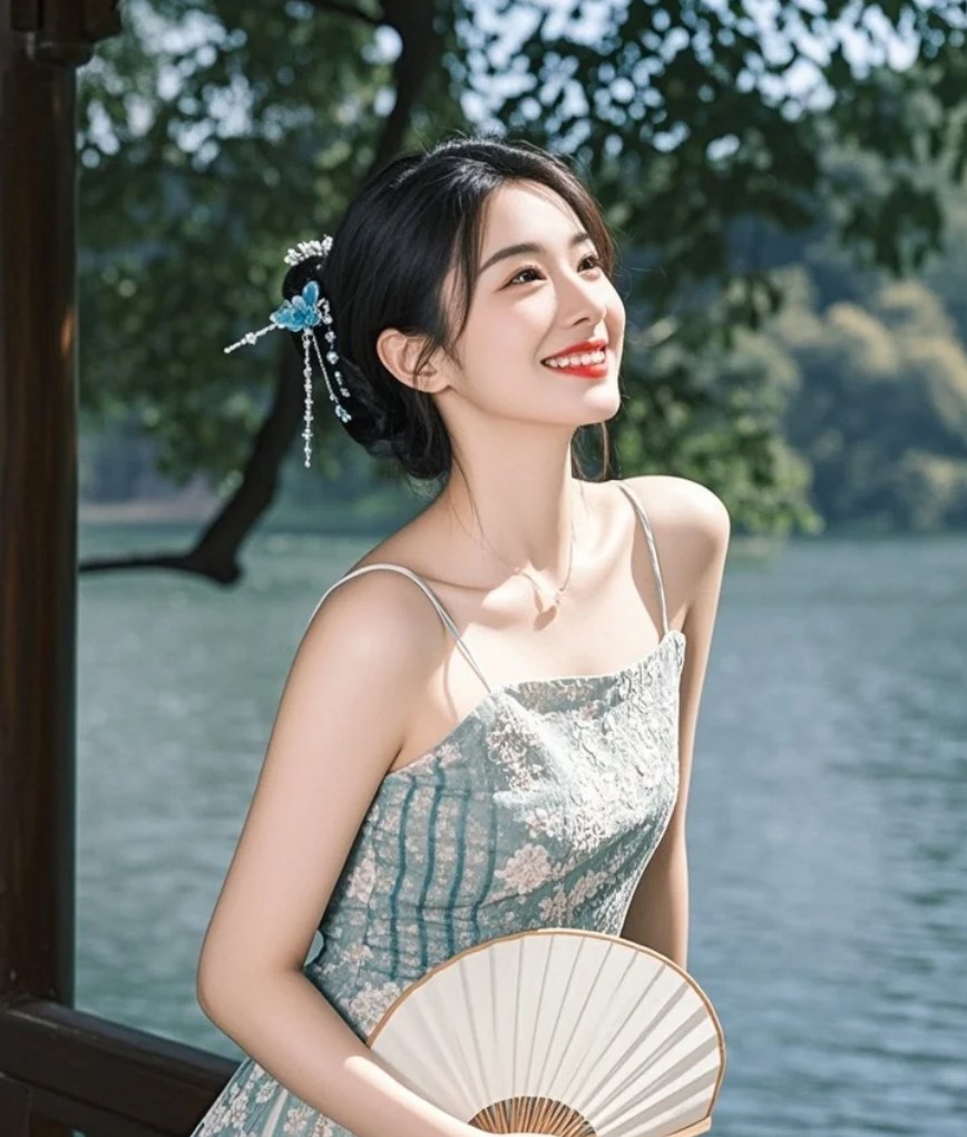 她执扇动作如行云流水般自然