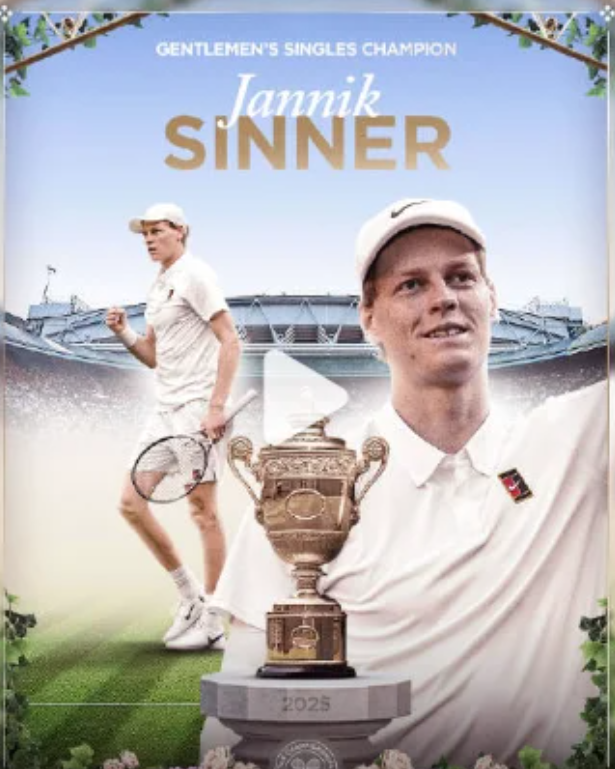 辛纳首夺温网男单冠军！大满贯仅差法网

2025温网男单决赛，头号种子辛纳以3-