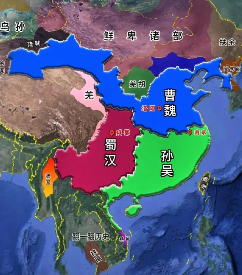三国鼎立时期地图挺有意思，此时的北方骑兵还不够强大，还不足以威胁中原，其实孙吴也