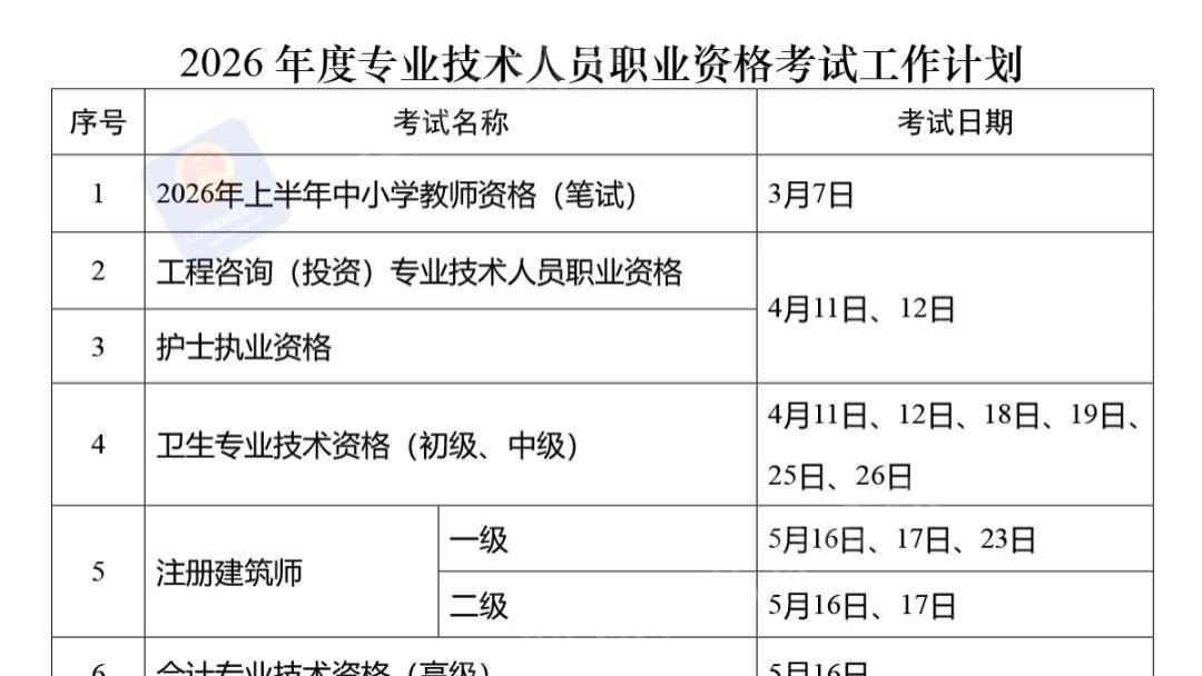 定了！2026年考试时间表公布→