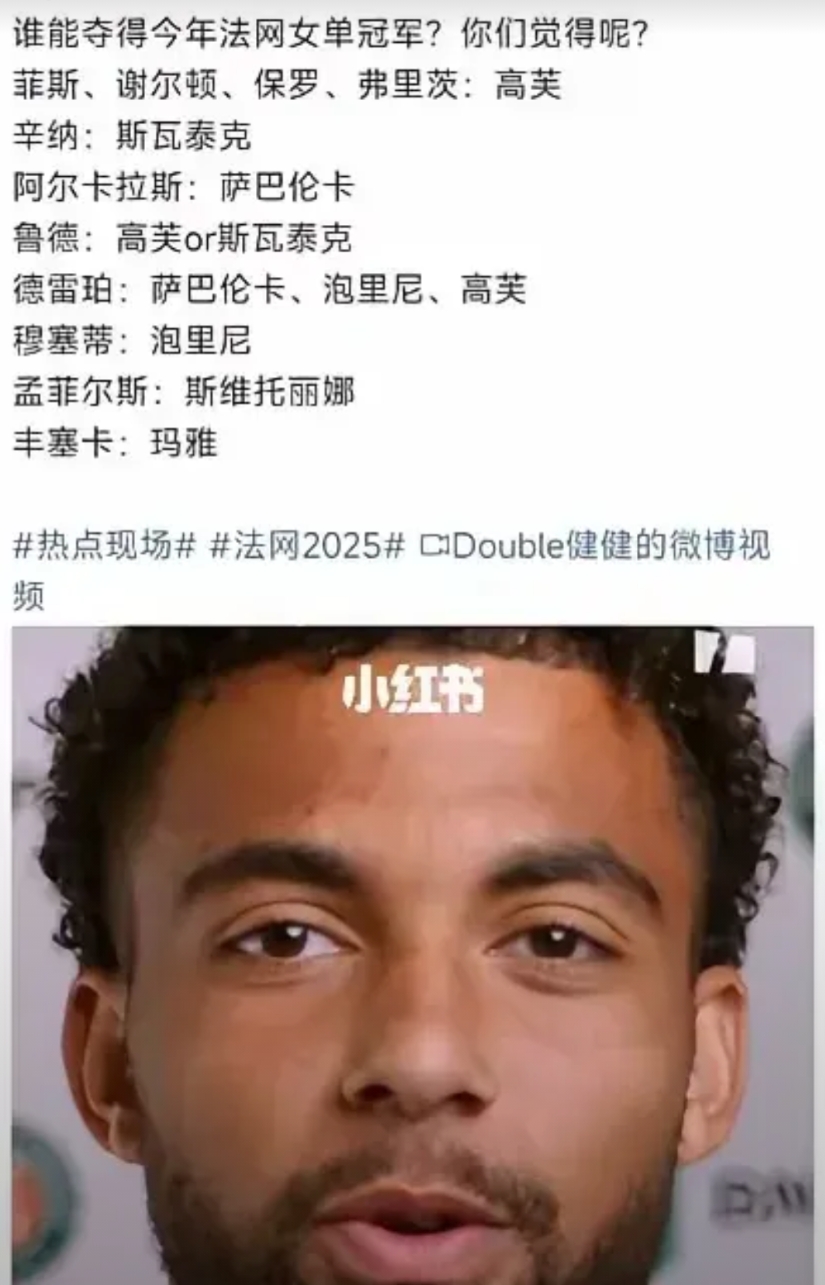 郑钦文被看轻！
参加法网的11名男球星对本届法网女子冠军的归属进行了预测，没有一