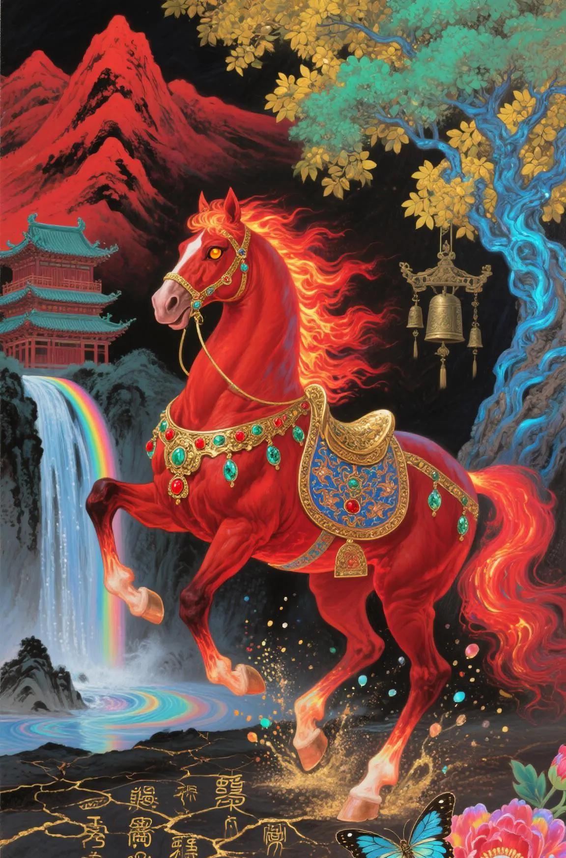 红马嘶鸣好运来，生活处处乐开怀。红马奔跑财路开，生意红火笑颜开。红马撒欢福运在，