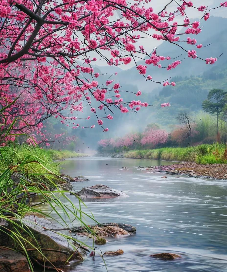 《小河边》
小河弯曲浪花多，
春风吹开桃花朵。
此景未必天上有，
…………？
拋