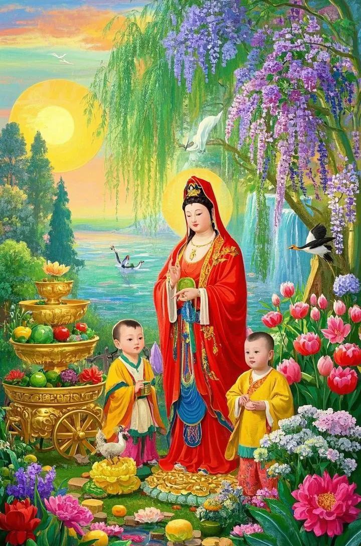 观音送子下凡尘，家添贵子福满门，
一朝有喜乐无边，世代昌隆运长存。
观音慈悲佑人