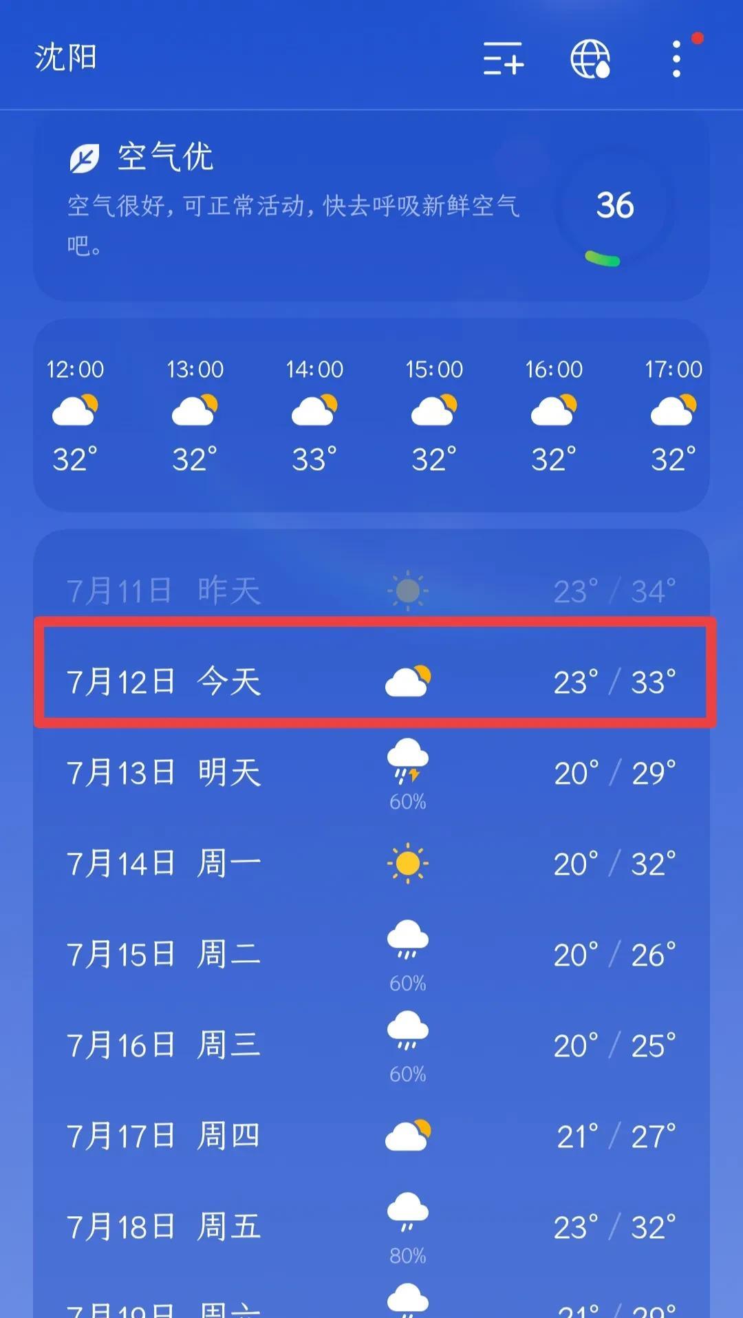 沈阳今天还是高温天气，但降雨马上就来…
今天是7月22日，沈阳多云转晴，最低气温