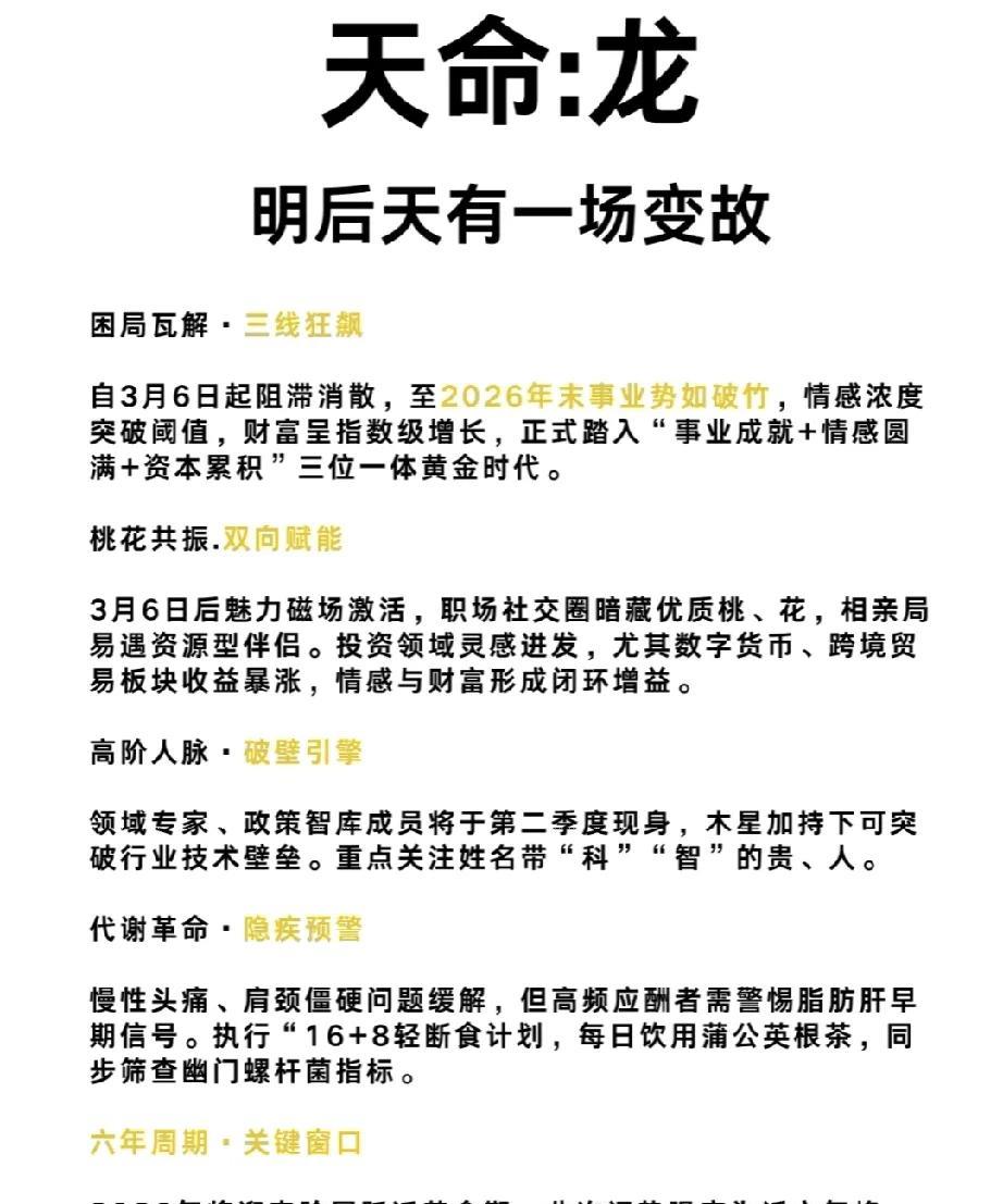 天命：龙翔九天，命运之门开启。
未来的时光昭示着一场盛世的巨变：自三月以来长久的