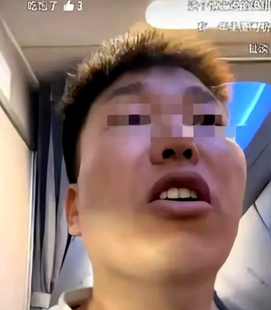 （原文第一段）男子坐飞机，全程五个多小时，飞机上放的都是外国人的视频，下飞机时，