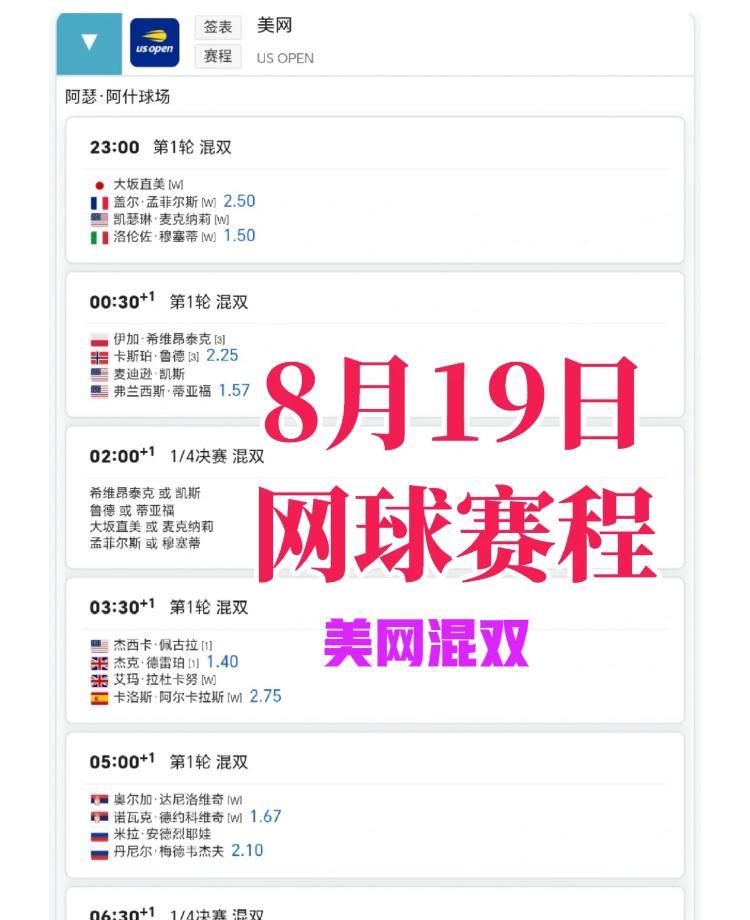 今晚轻松又养眼的美网混双来咯！！
8月19日23:00第一轮
大坂组合vs穆塞蒂