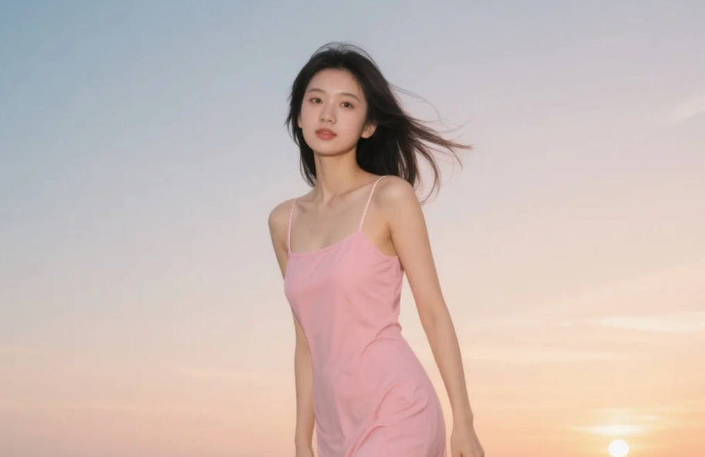 看着远处的夕阳余晖，我穿着连衣裙静静地站着，心中满是感慨。