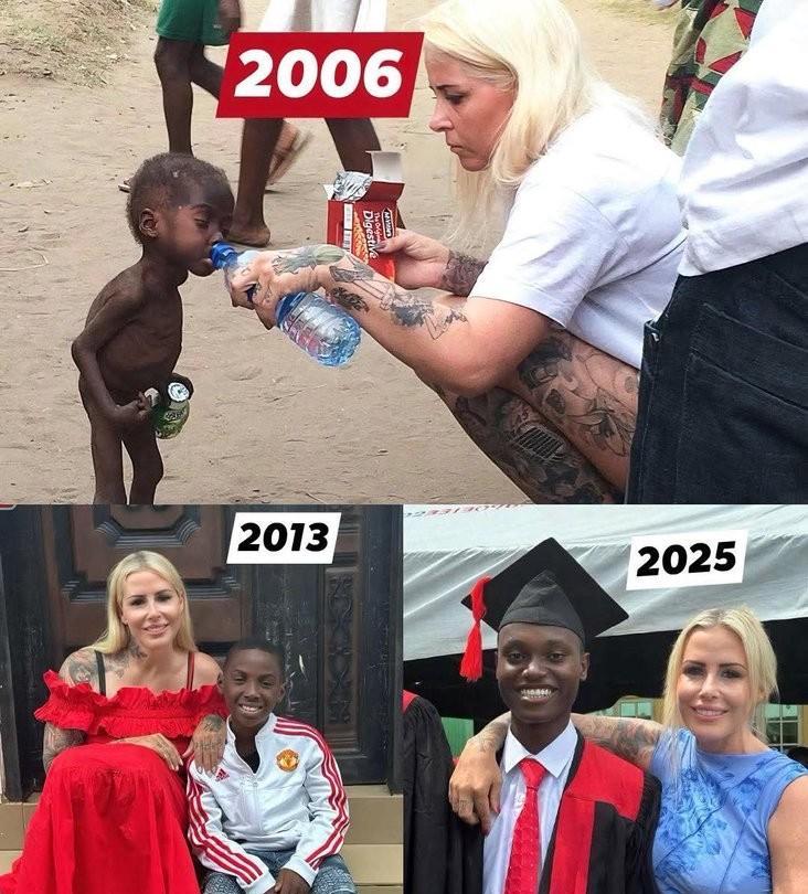 因为她，这世上又多了个曼联球迷！
一位富有同情心的英国女士20年前从贫民窟救助了