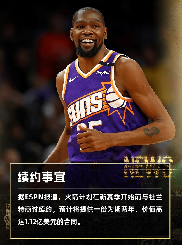 据ESPN报道，火箭计划在新赛季开始前与杜兰特商讨续约事宜，预计将提供一份为期两