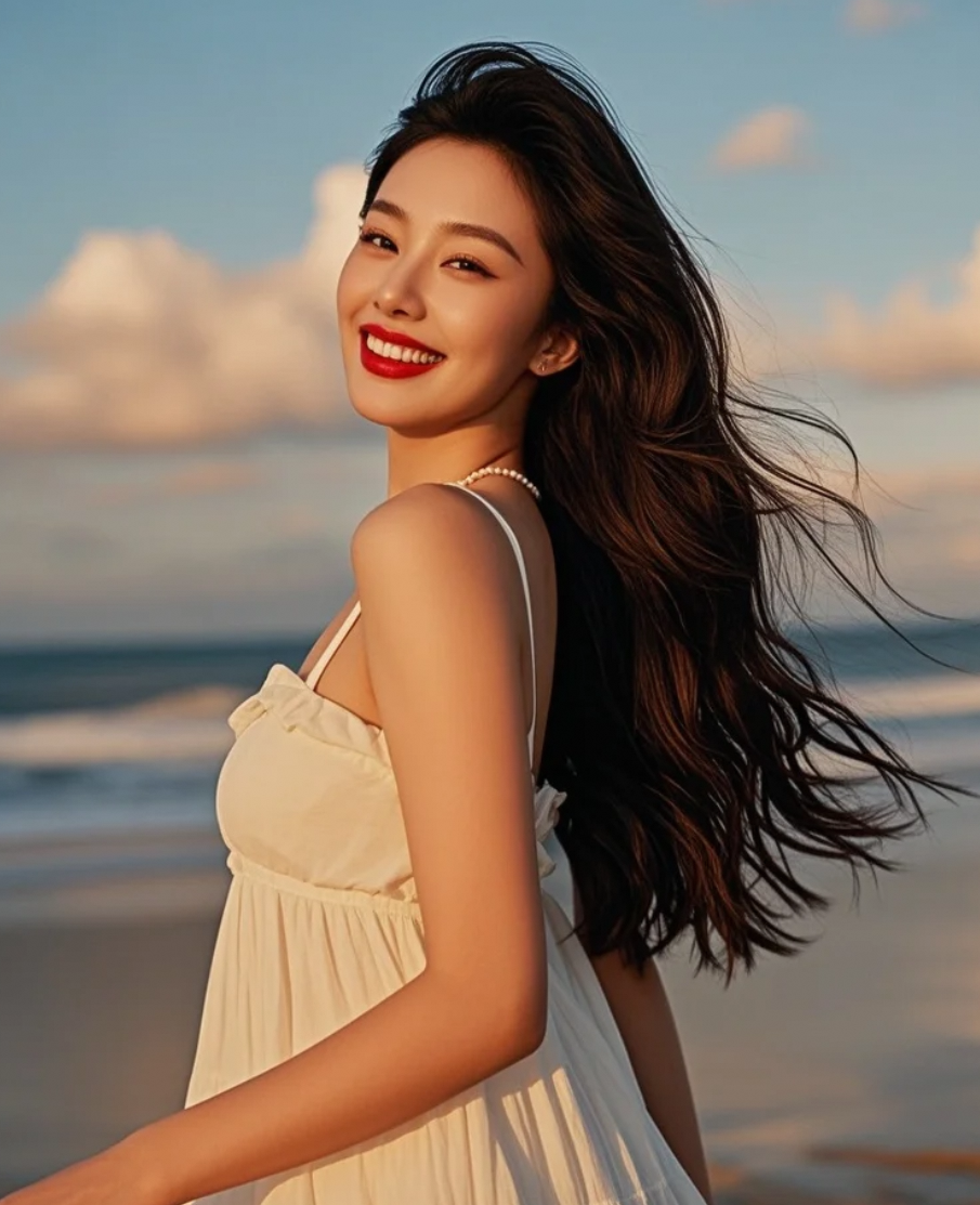 海风翻阅她的裙角，读着黄昏的密语