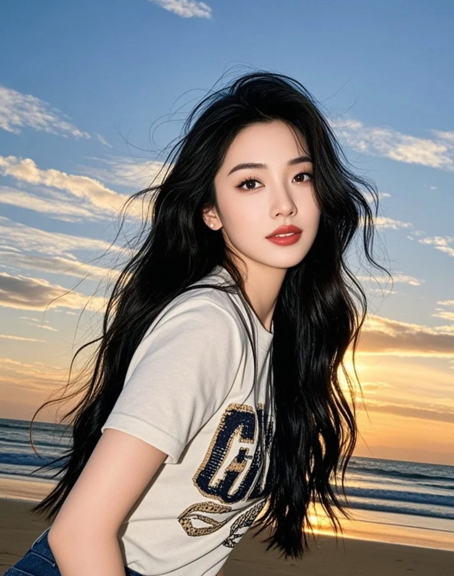 海风撩动她的长发，她唇色如霞，漫步沙滩，尽显大牌明星的自然亲和力