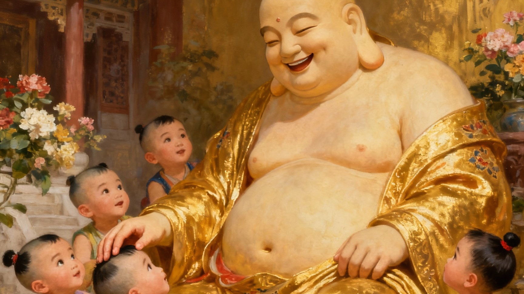 他袒胸露腹，那圆润的肚皮仿佛能包容世间万物——弥勒佛