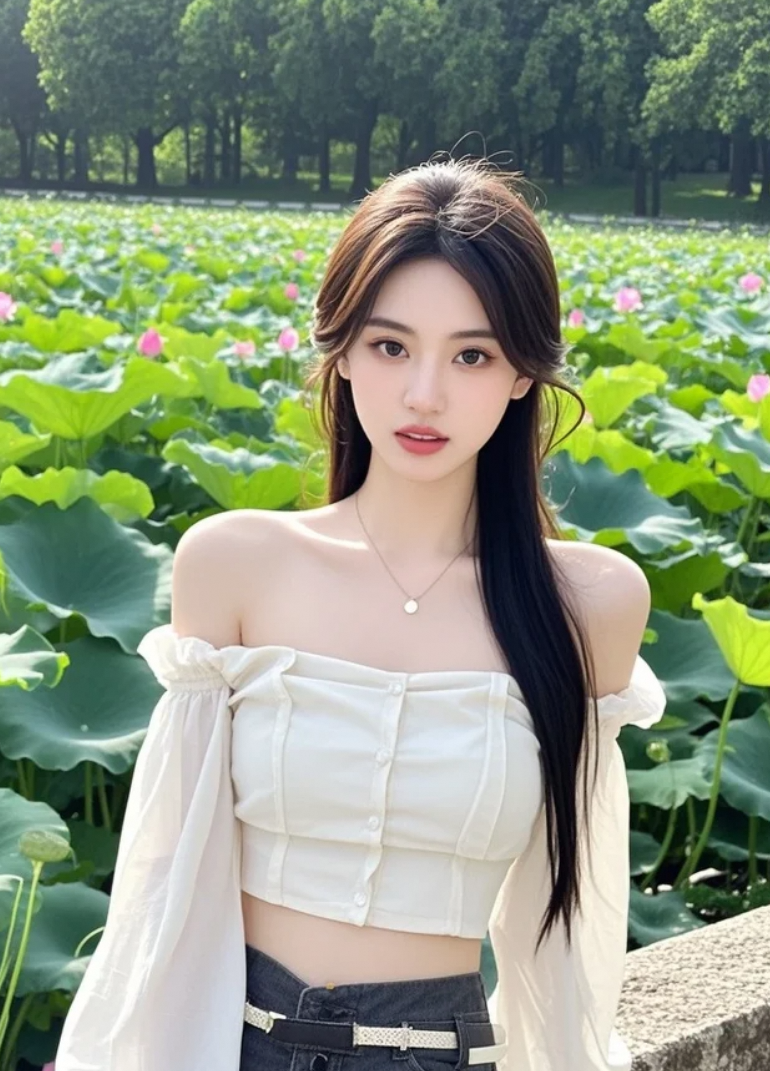惊艳！美女与粉荷的绝美邂逅