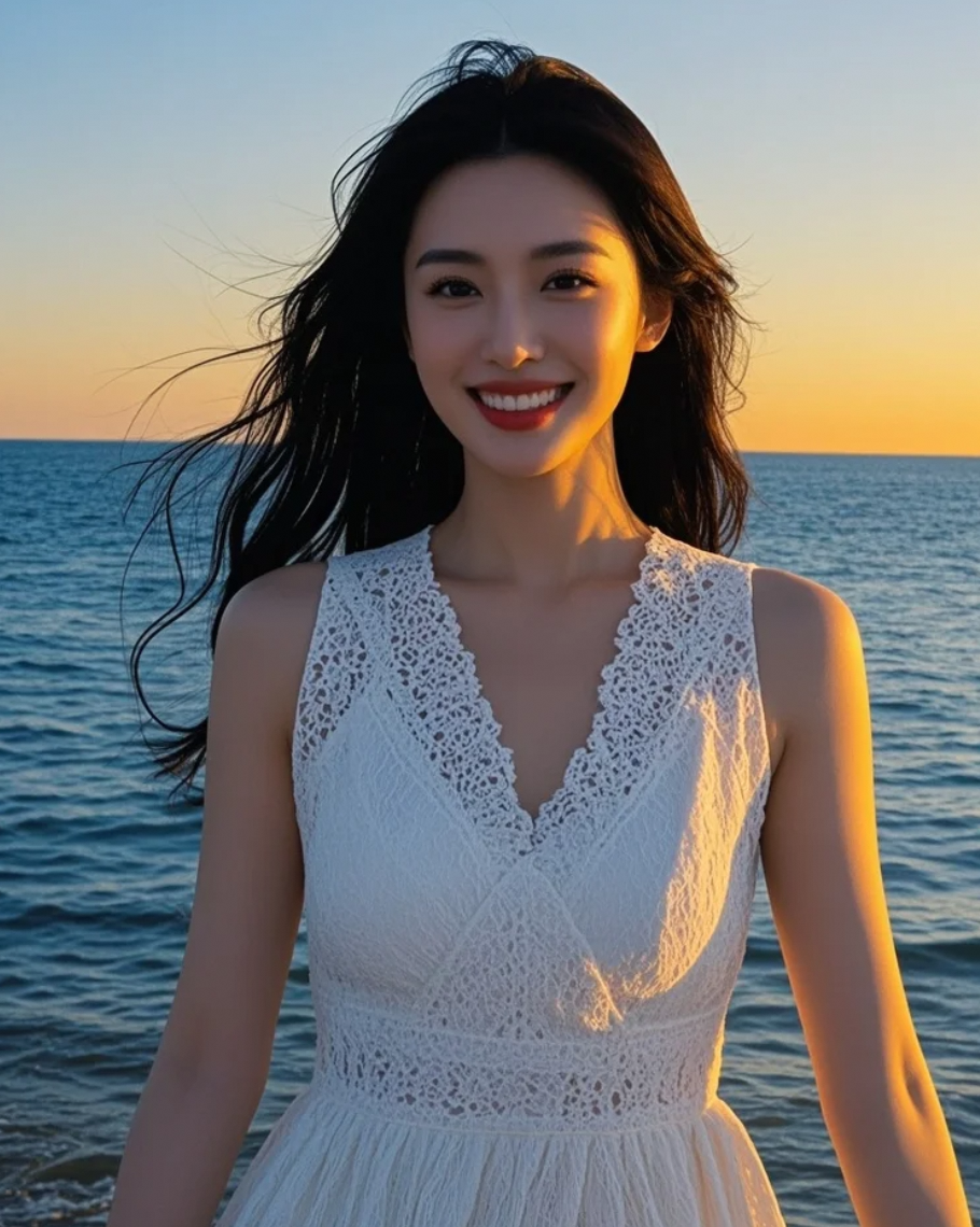 裙角低垂，触碰着冷却的沙粒