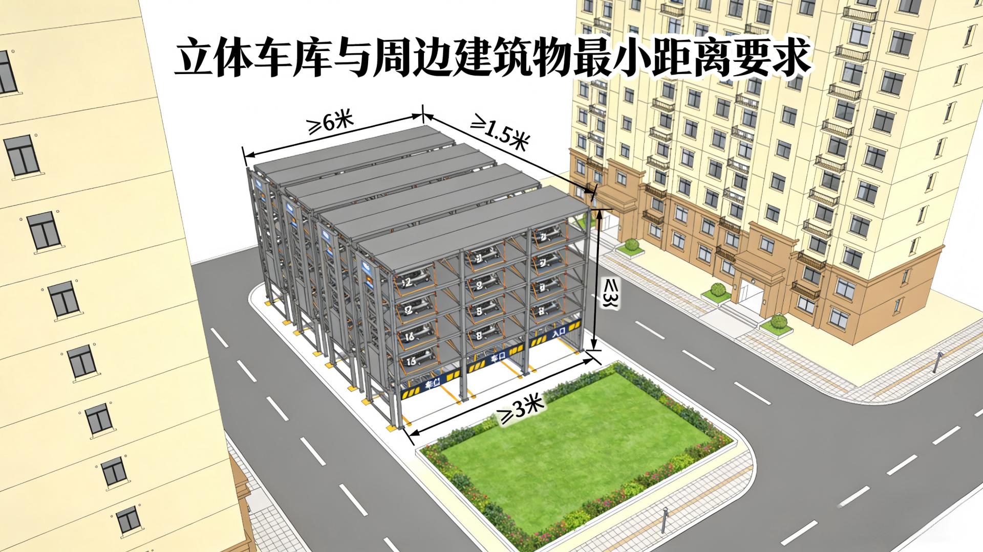 立体车库与周边建筑物的最小距离要求是多少？