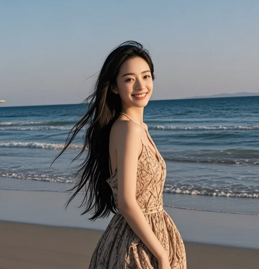 沙滩上的阳光，照亮了长发女孩清新脱俗的笑颜