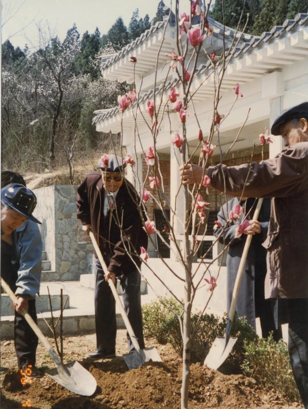 1996年4月11日，退休多年的华国锋同志（中）在首都绿色文化碑林的碑廊前种植玉