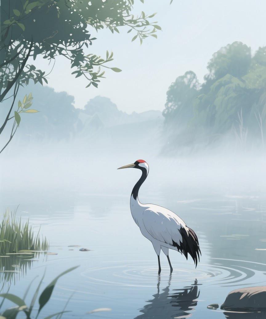 #AI妙生图#薄雾轻笼湖面，仙鹤静立，于静谧中探寻生命的深邃，那是自然的诗章。