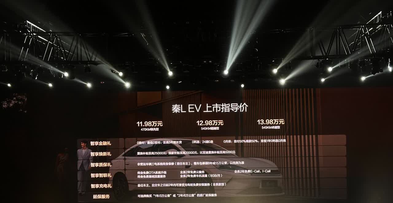 比亚迪秦L EV上市，售价11.98万元-13.98万元。新车后置单电机，最大功