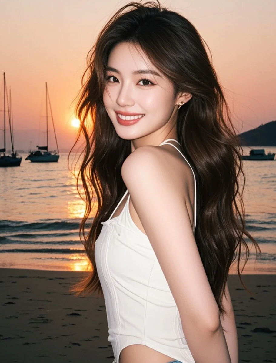 沙滩剪影：长发女神迎着夕阳，姿态优美，气场强大无比