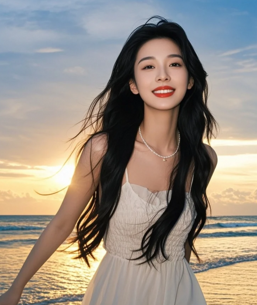 她的长发在海风中寻找方向，如同寻找快乐