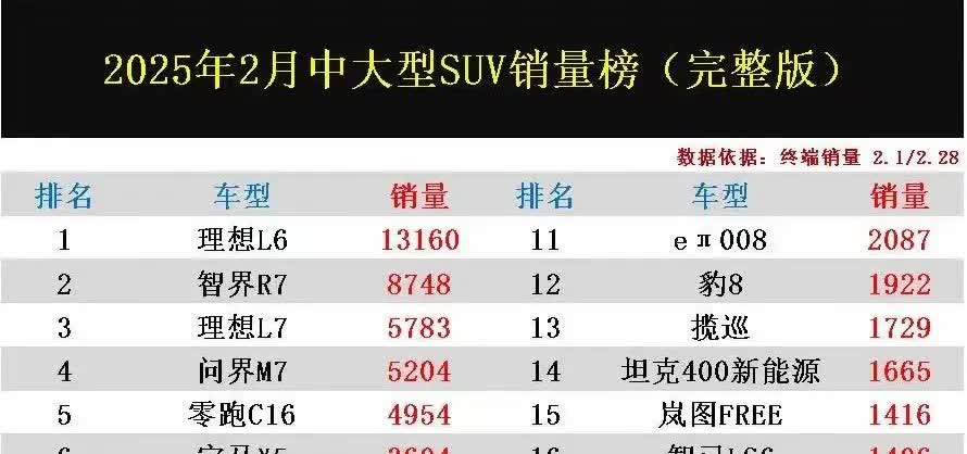 刚无意间看到2025年2月中大型SUV销量榜，瞬间感觉有点心疼合资车的处境了，要