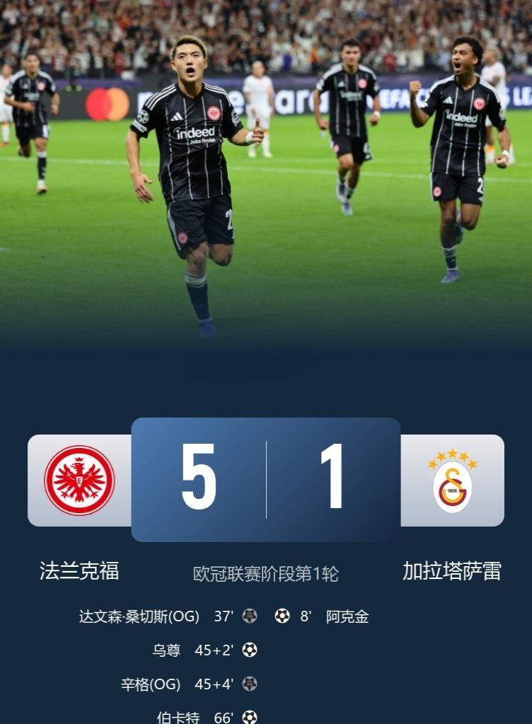 法兰克福5-1逆转加拉塔萨雷，取欧冠开门红！
此役，伯卡特传射，乌尊破门，堂安律